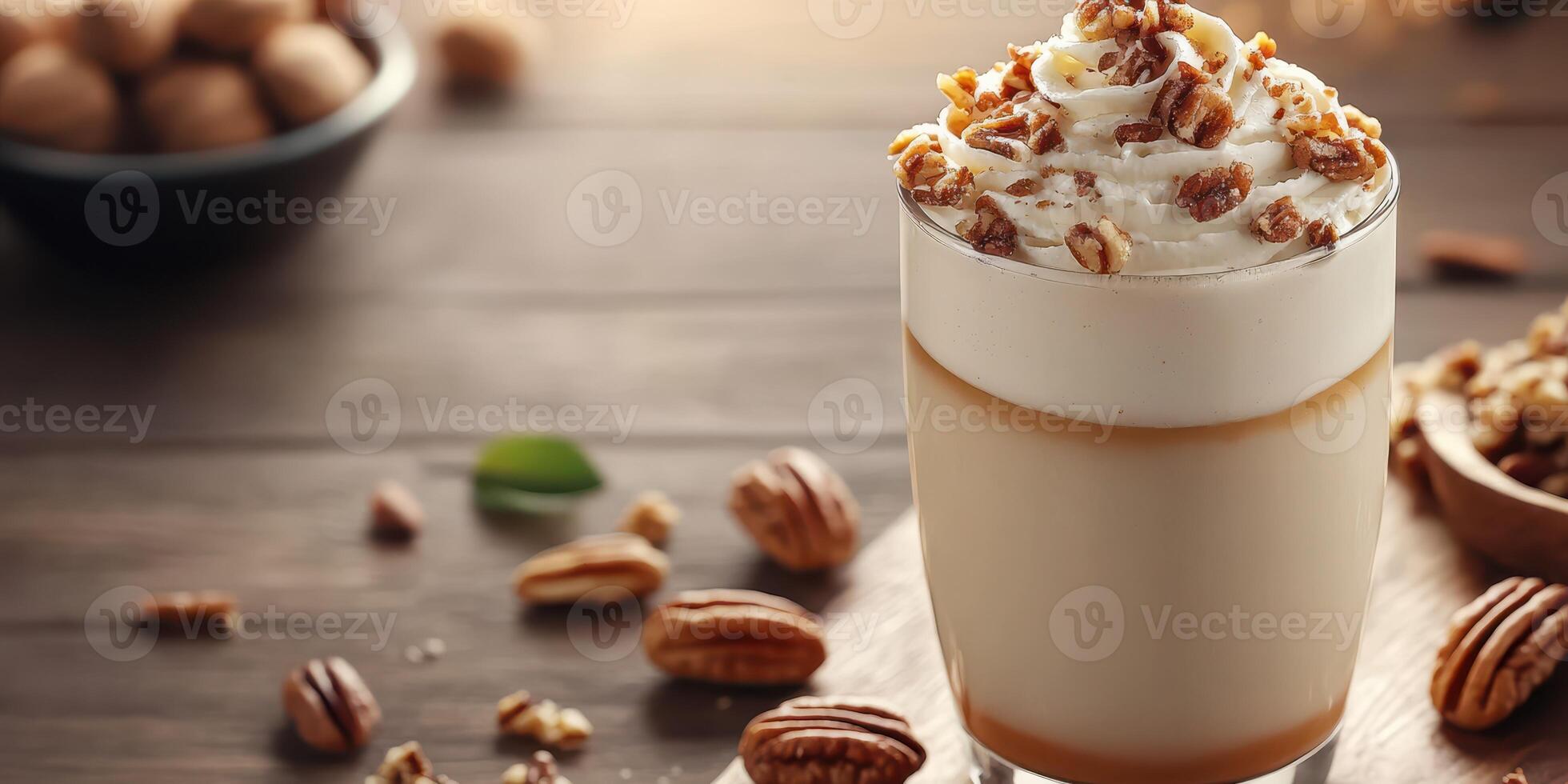 Creamy beverage topped with whipped cream and nuts on a rustic wooden table with a warm ambiance photo