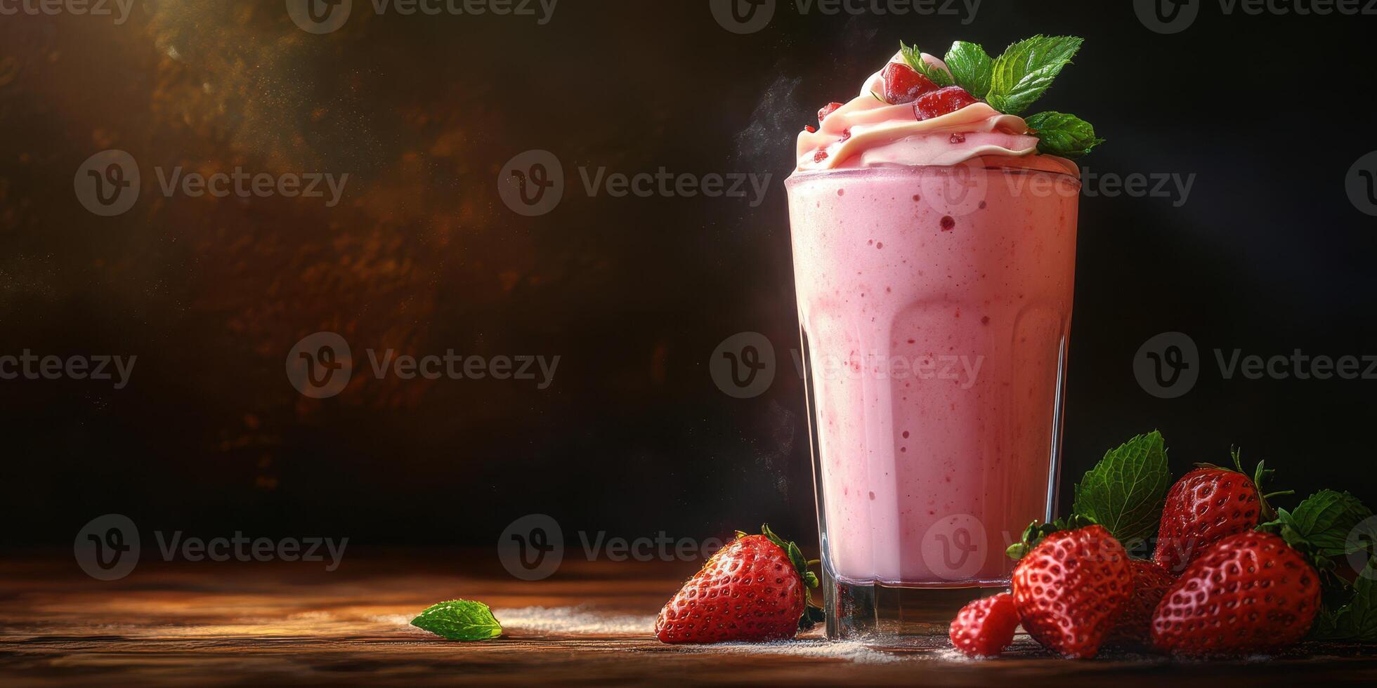 Refreshing strawberry milkshake with mint garnish displayed on a wooden surface photo