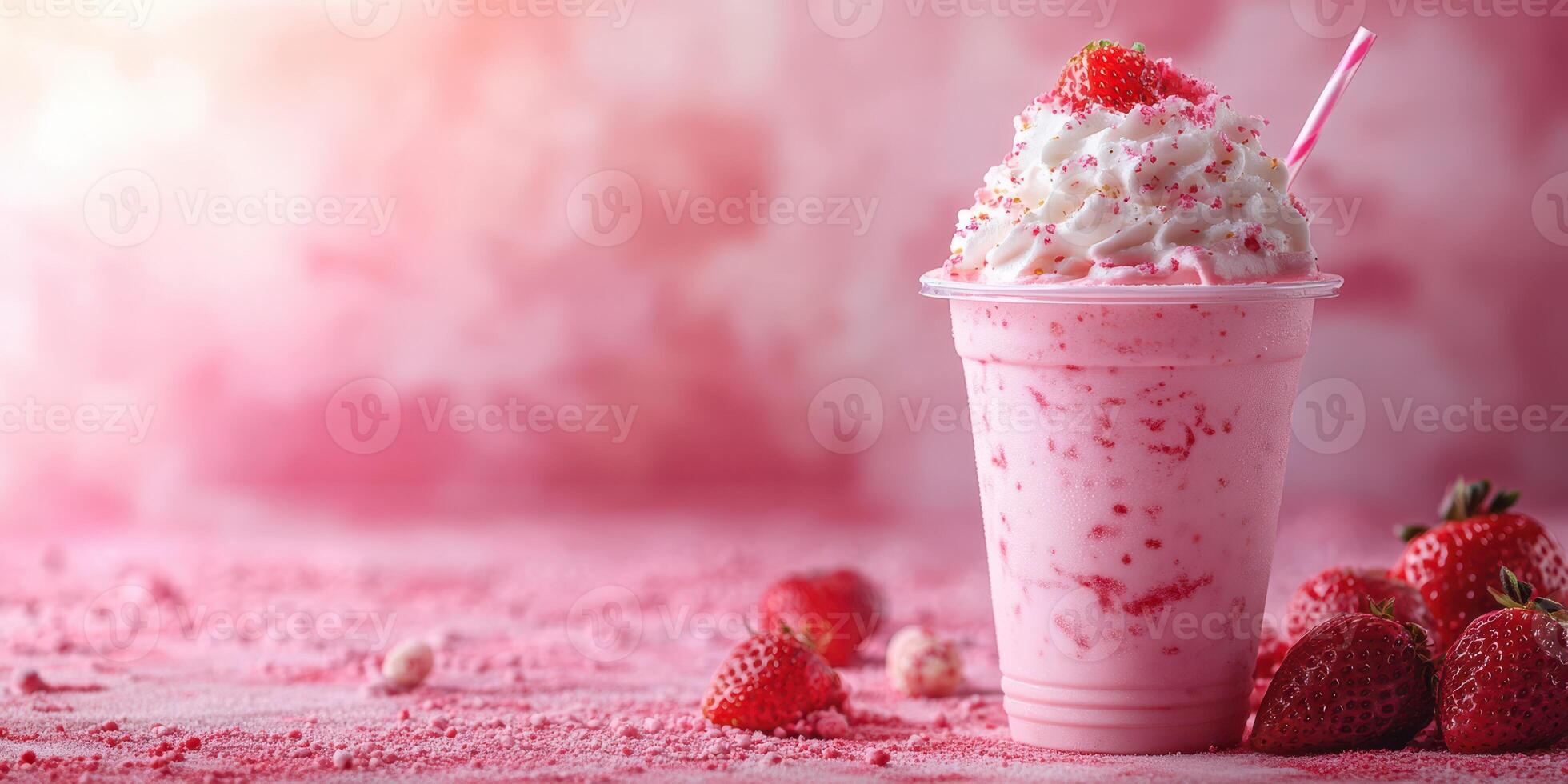 Refreshing strawberry milkshake topped with whipped cream and strawberries in a vibrant pink setting photo