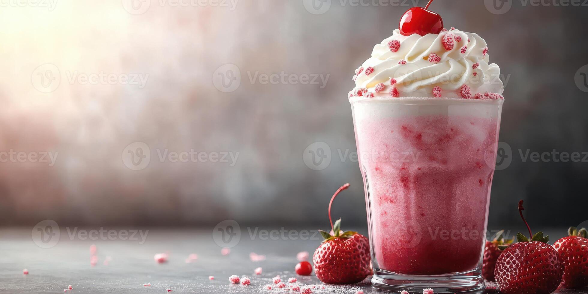 Delicious milkshake topped with cream and a cherry served with fresh strawberries in a cozy setting photo