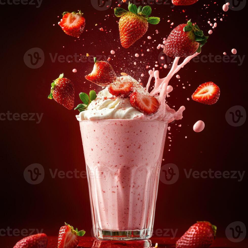 Strawberry milkshake splashes with fresh strawberries in a vibrant setting captured in a dynamic moment photo