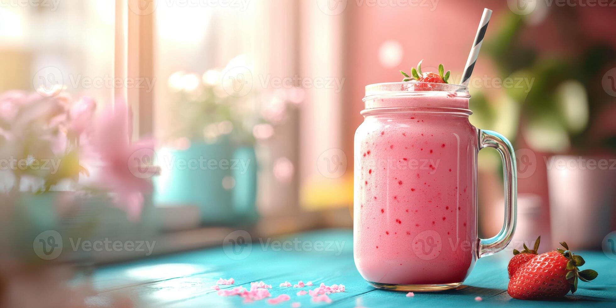 Delicious strawberry milkshake served in a mason jar with a striped straw on a sunny kitchen table photo