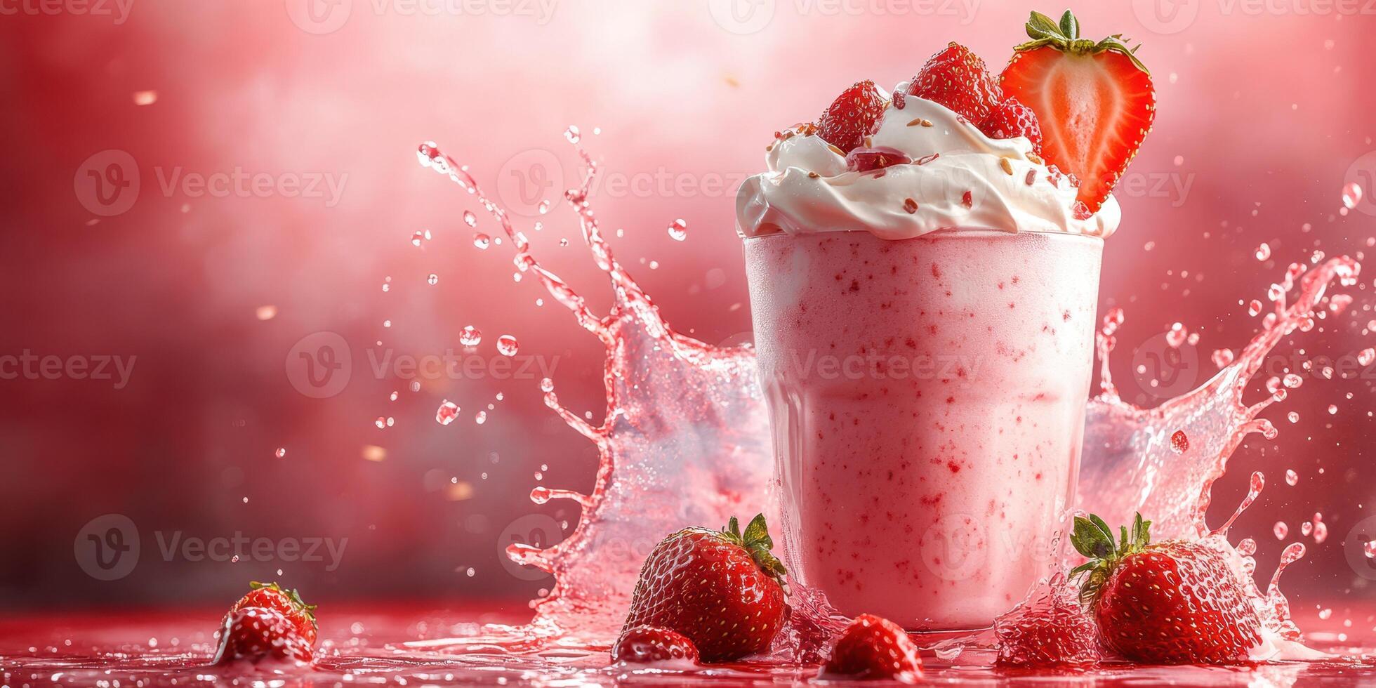 Delicious strawberry milkshake topped with whipped cream and fresh berries on a vibrant red background photo