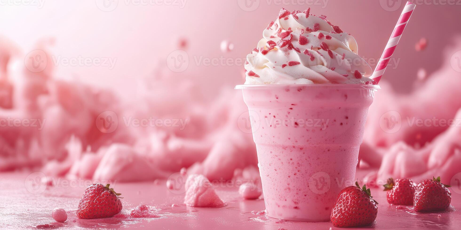 Delicious strawberry milkshake topped with whipped cream and sprinkles sits on a pastel backdrop with strawberry garnish photo