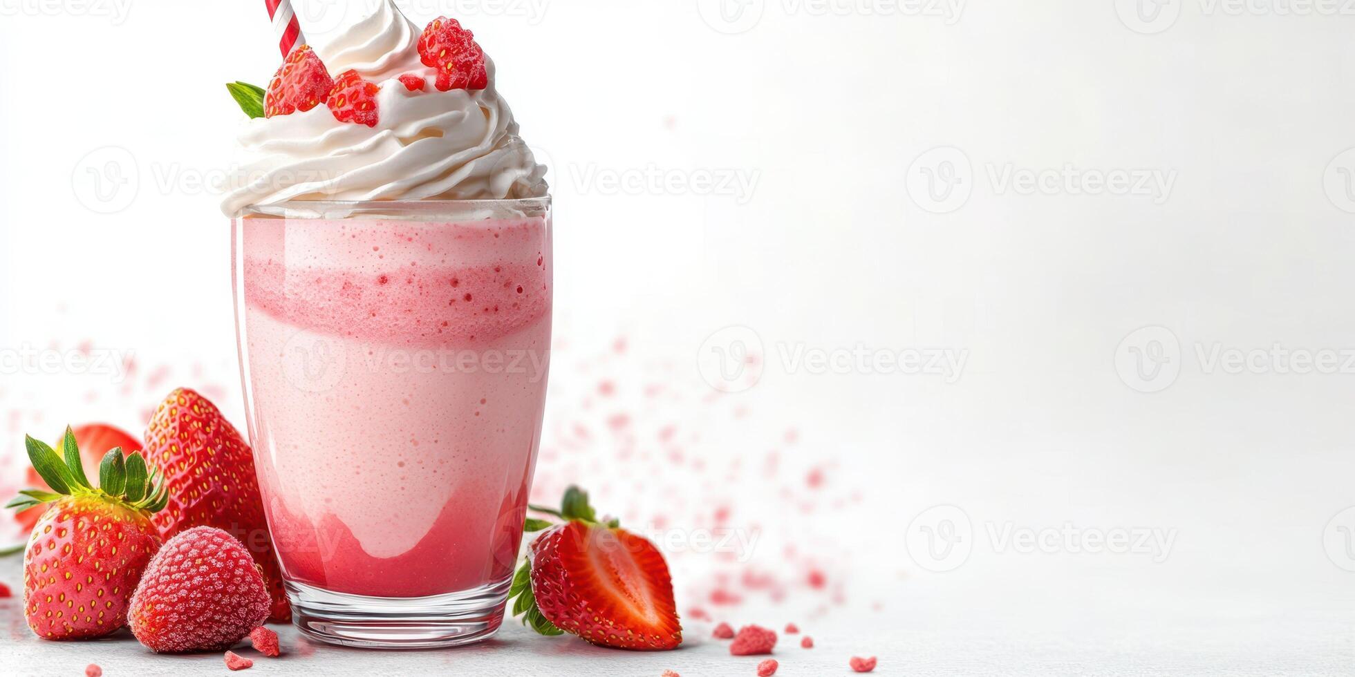 Delicious strawberry milkshake topped with whipped cream and fresh berries on white background photo