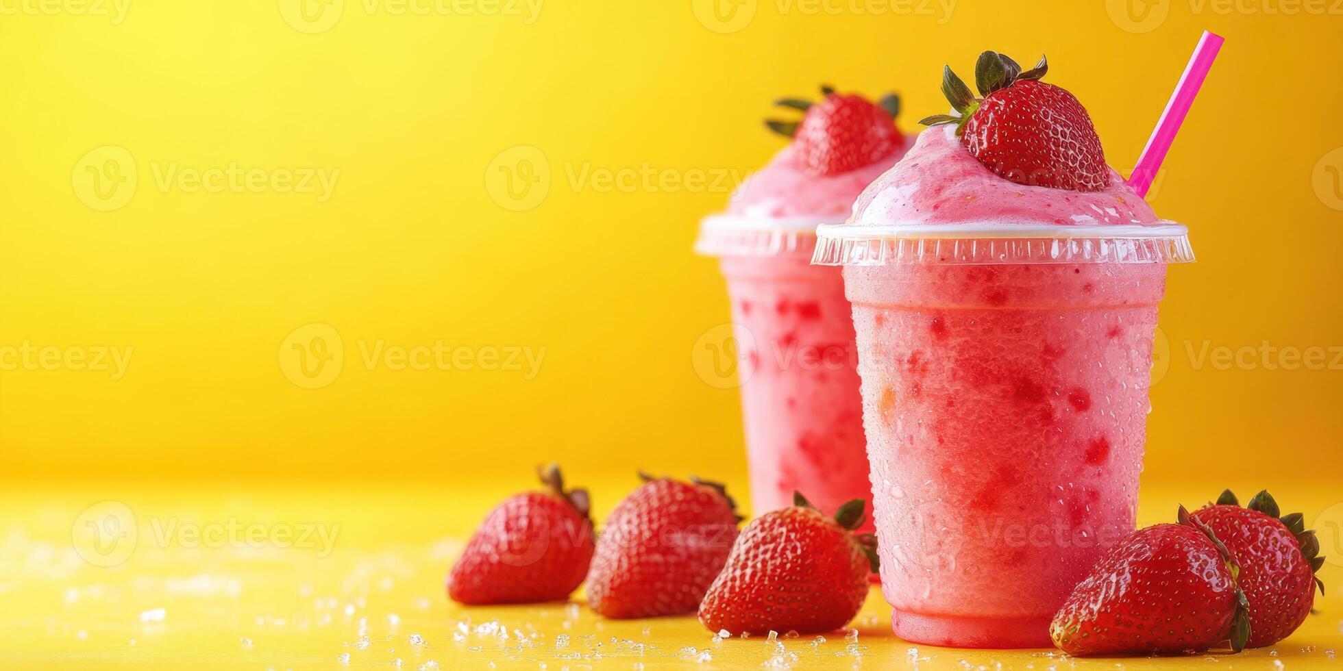 Refreshing strawberry drinks with colorful straws and ripe berries on a vibrant yellow background photo