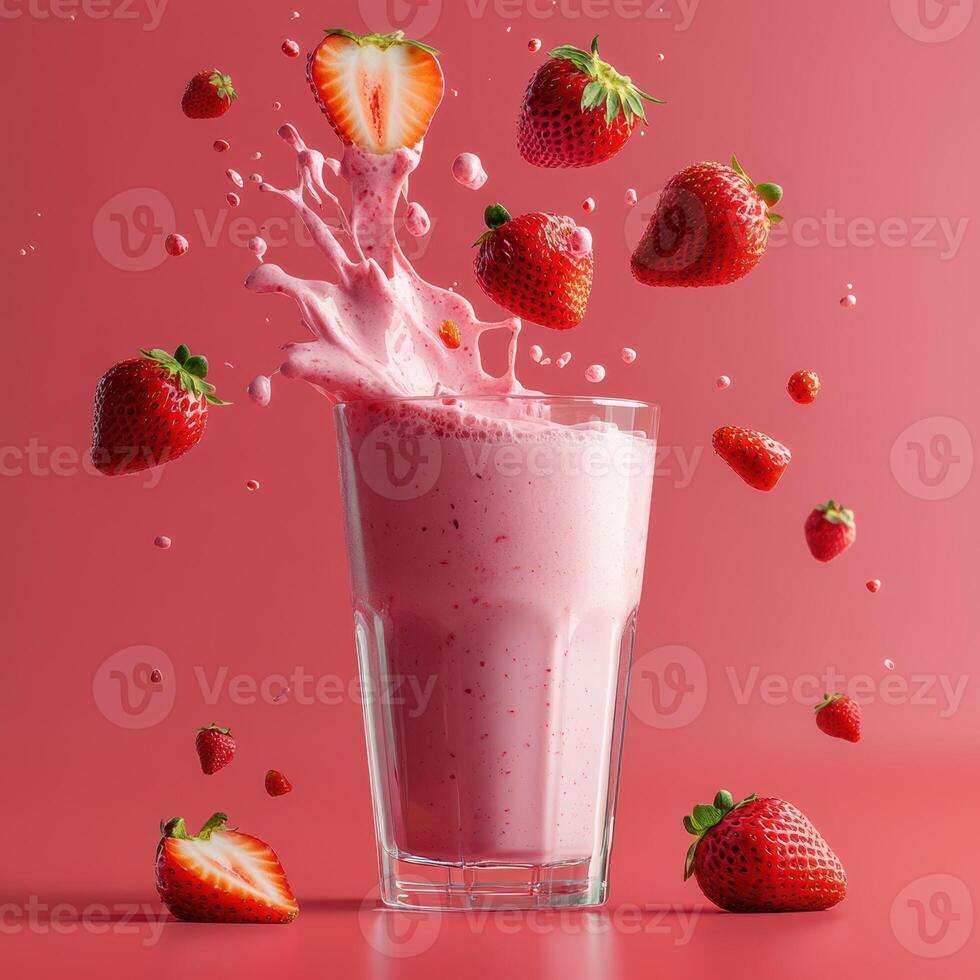 Fresh strawberry smoothie splashes in a tall glass against a vibrant pink backdrop with whole strawberries surrounding photo