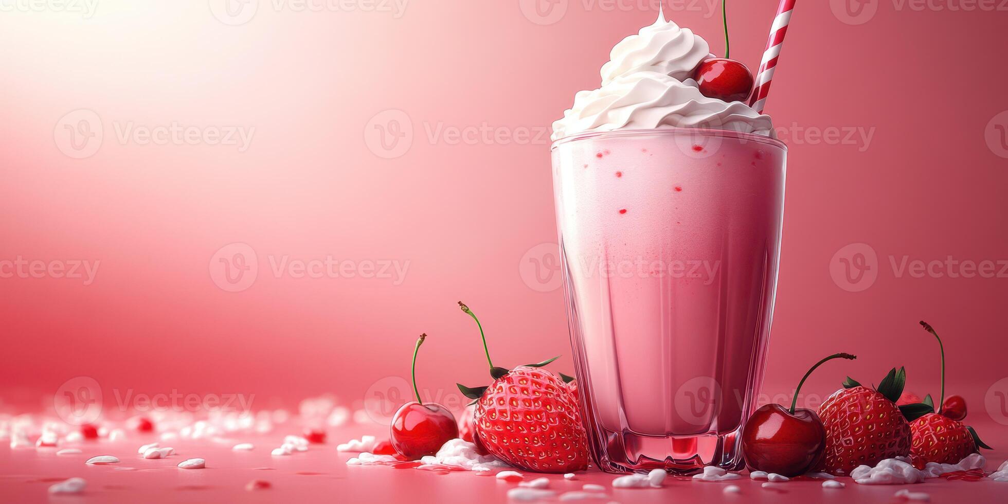 Strawberry milkshake with whipped cream and cherries in a glass on a pink background photo
