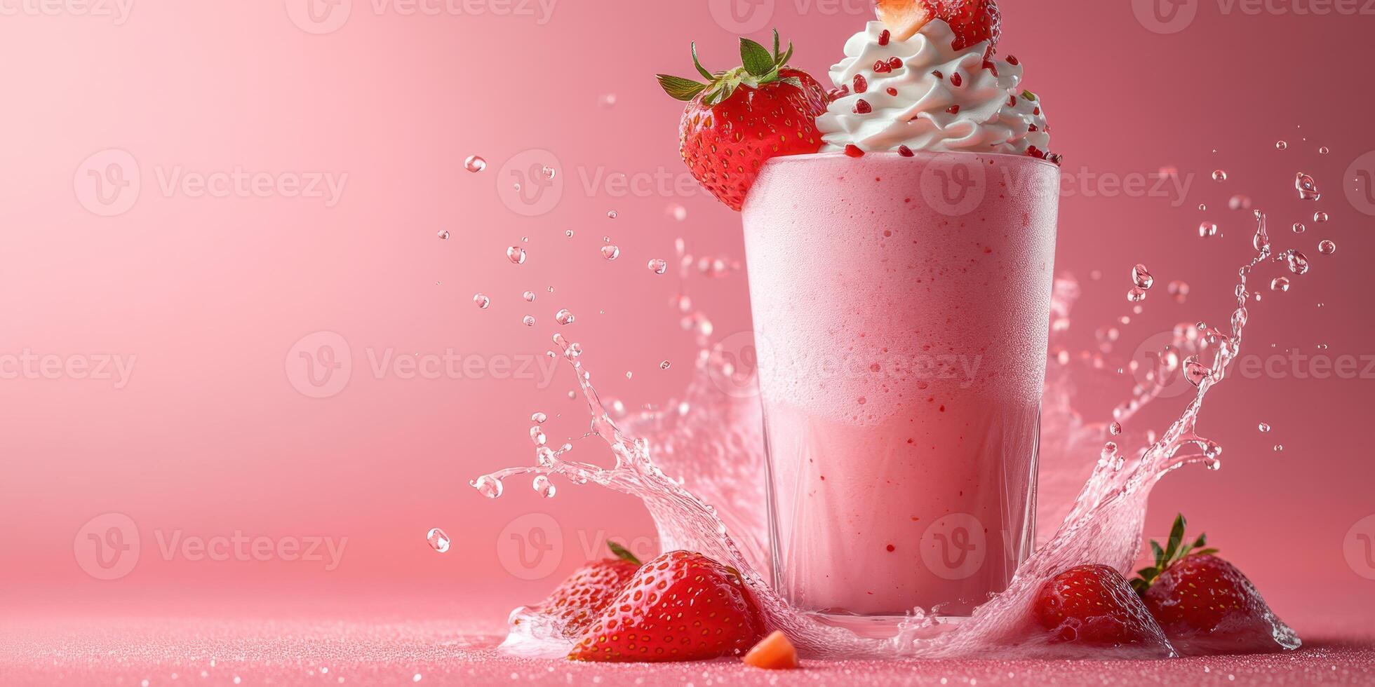 Refreshing strawberry shake with whipped cream and splashes on a pink background photo