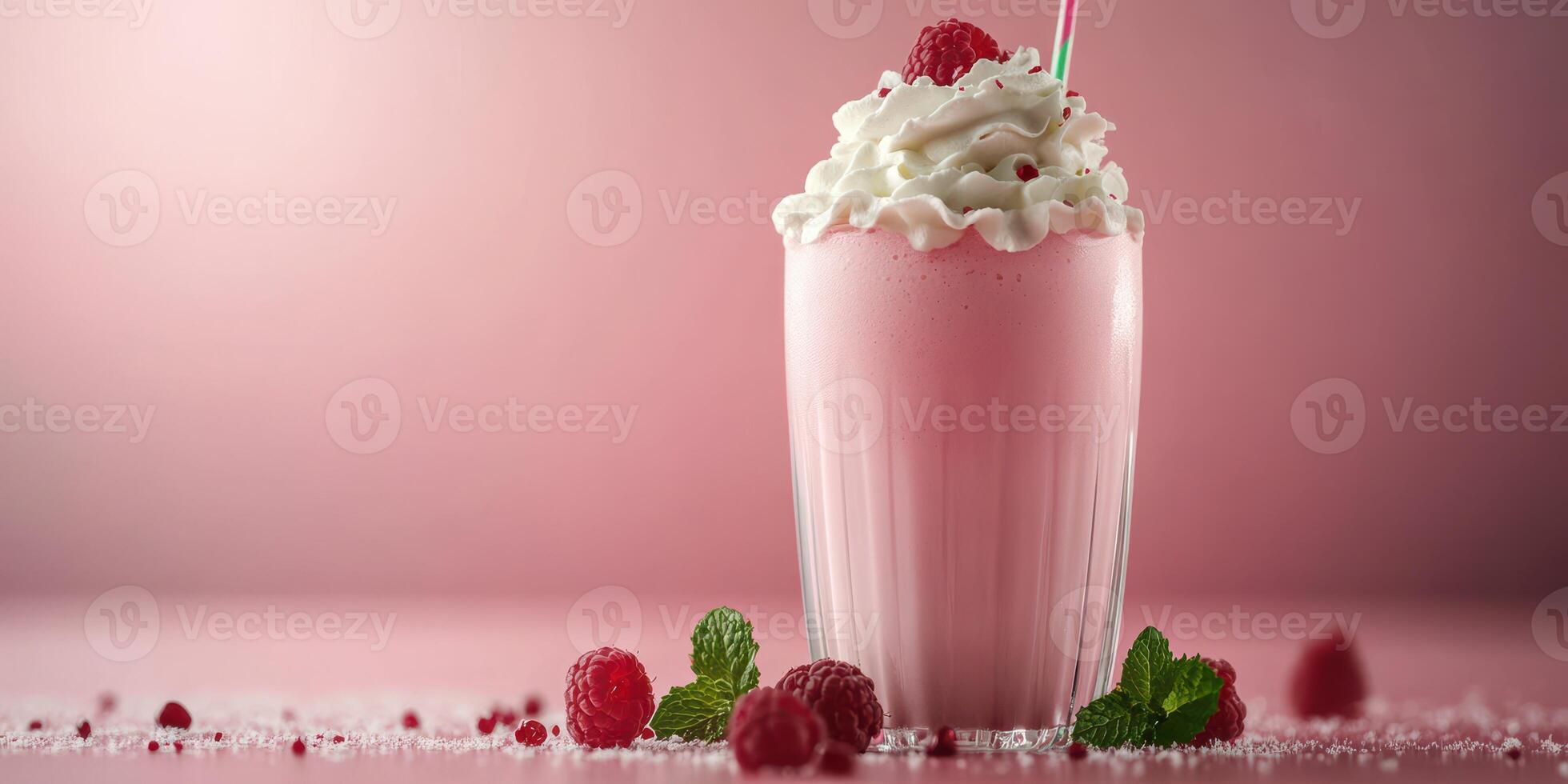 Delicious raspberry milkshake with whipped cream and fresh raspberries on a pink background photo