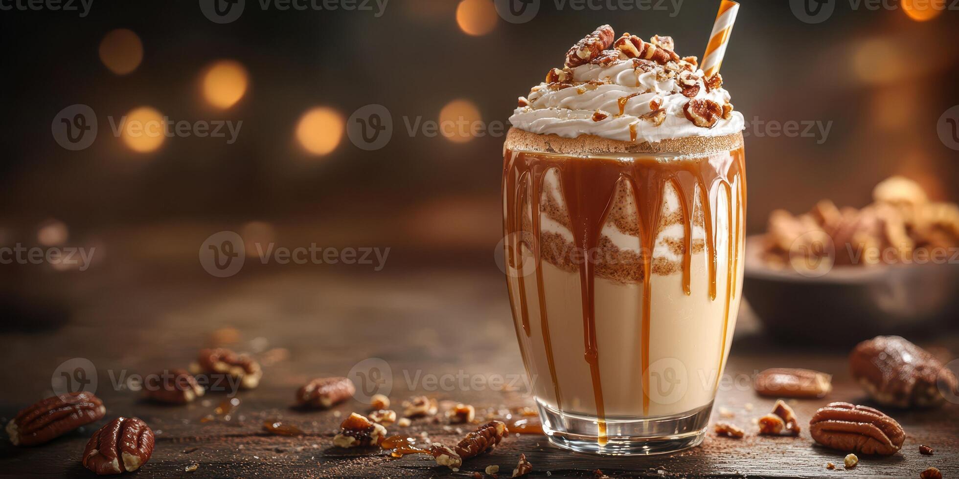 Delicious dessert beverage topped with whipped cream and nuts served in a cozy cafe during the evening photo