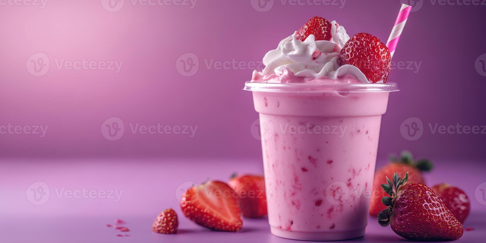 Delicious strawberry milkshake topped with whipped cream and fresh strawberries on a vibrant background photo