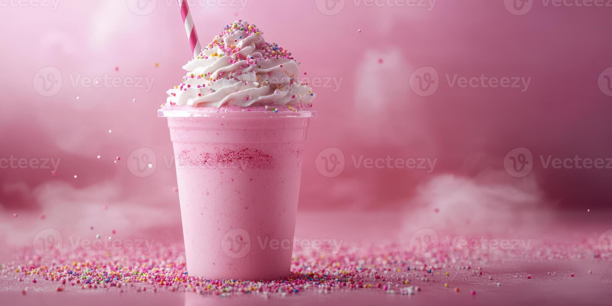 Creamy pink milkshake topped with whipped cream and colorful sprinkles in a playful setting photo