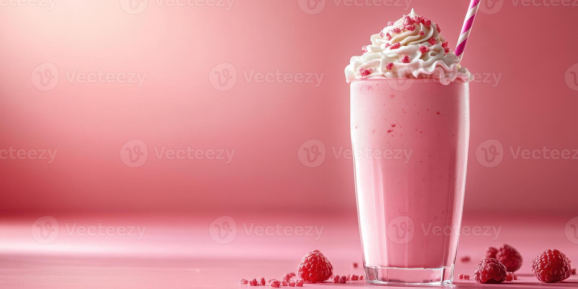 Refreshing pink raspberry smoothie with whipped cream and a striped straw in a glass on a pastel background photo