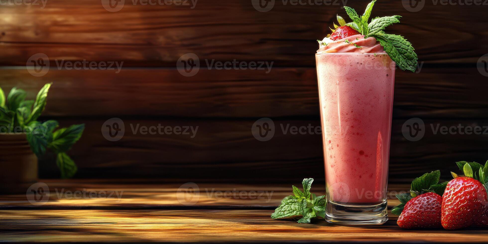 Refreshing strawberry mint smoothie served in a tall glass with fresh ingredients on a rustic wooden table photo