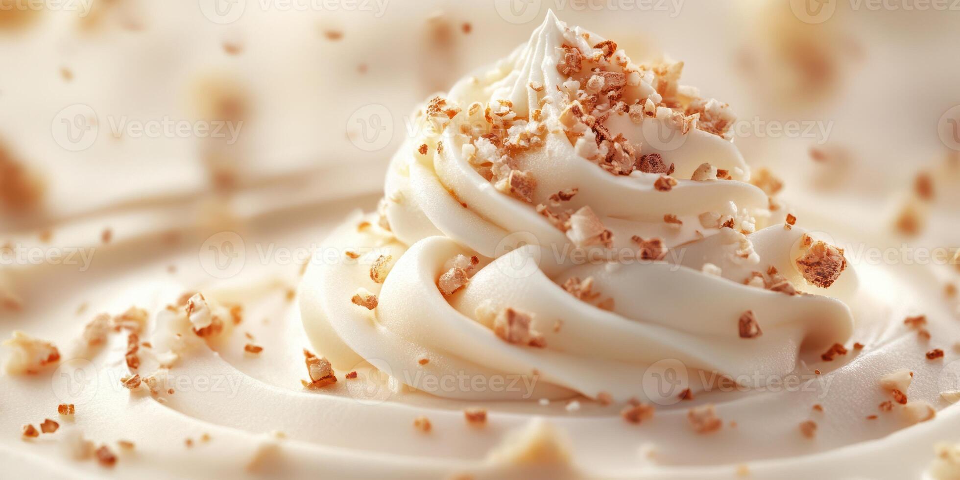 Creamy whipped topping with crushed nuts creating a delightful dessert garnish in a kitchen setting photo