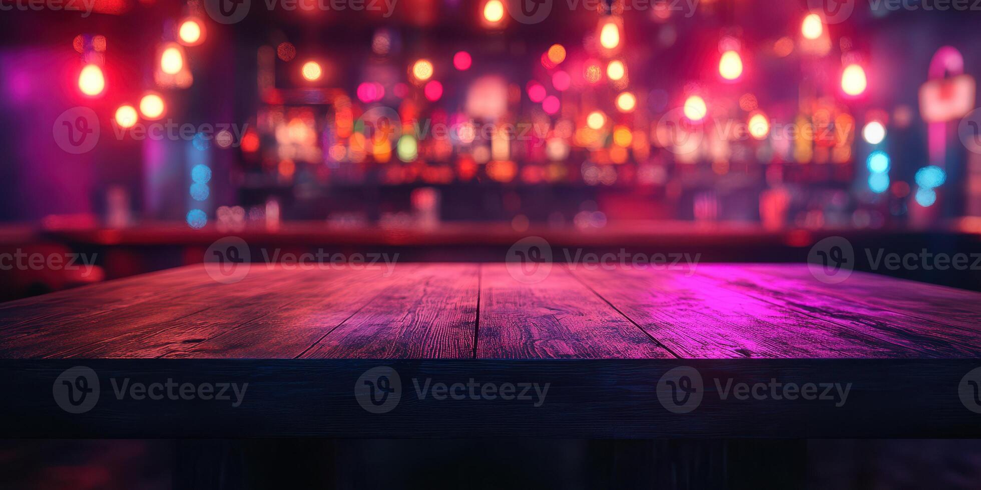 Colorful lights illuminate a lively bar scene with a wooden table in focus and a vibrant atmosphere at night photo
