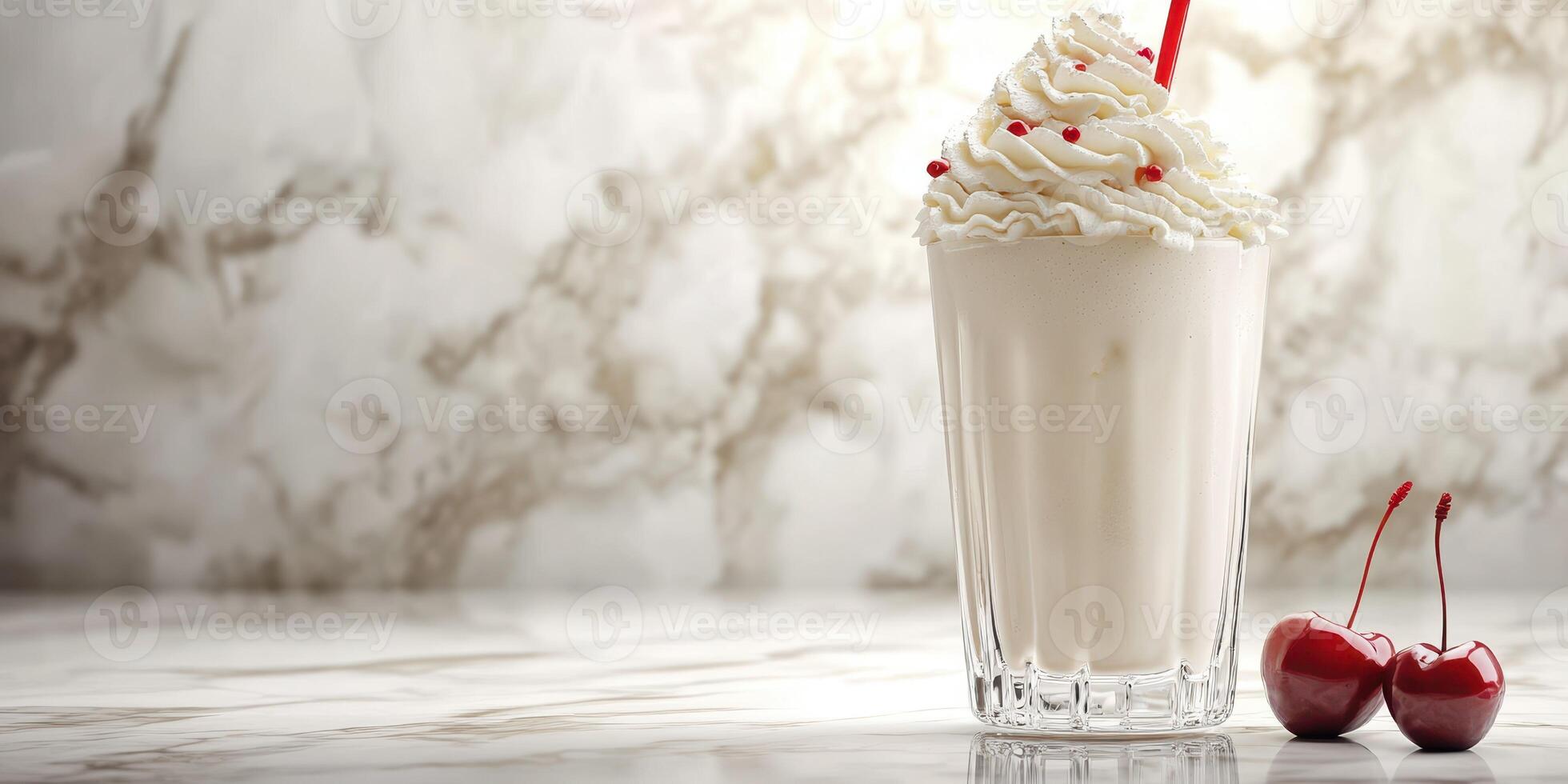 Creamy milkshake topped with whipped cream and cherries on marble countertop in a cozy diner photo