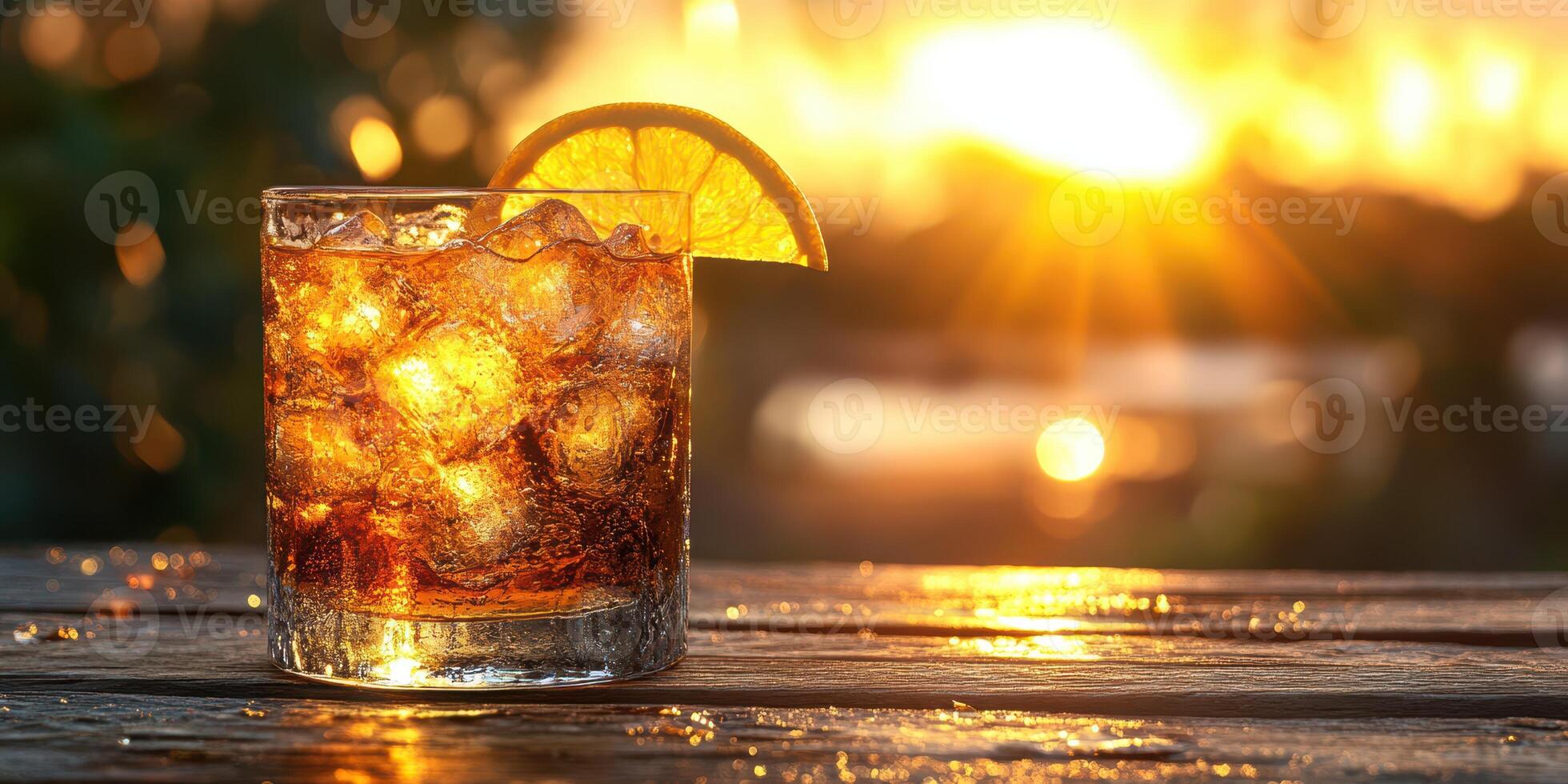 Creating a relaxing atmosphere with a refreshing beverage at sunset by the beach photo