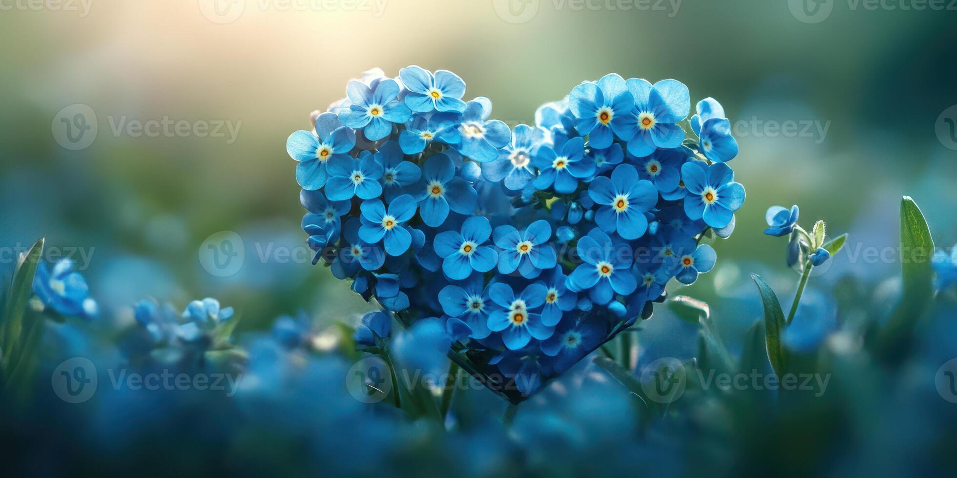 Beautiful blue flowers form a heart shape in a lush garden during a sunny spring afternoon photo