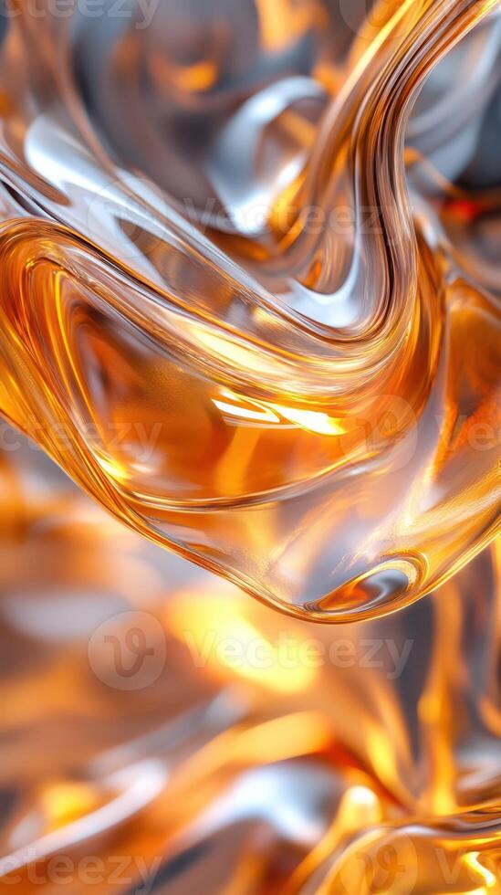 Abstract swirling patterns created by translucent orange and silver materials with light reflections in a close-up view photo