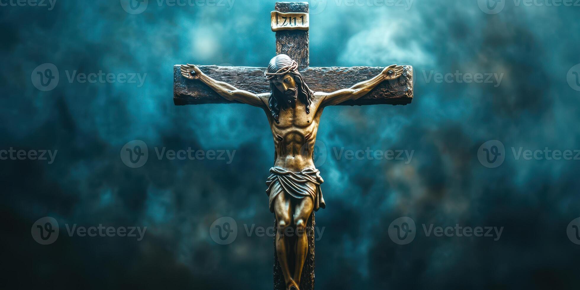 Iconic crucifix representing sacrifice and faith in a serene setting during twilight hours photo