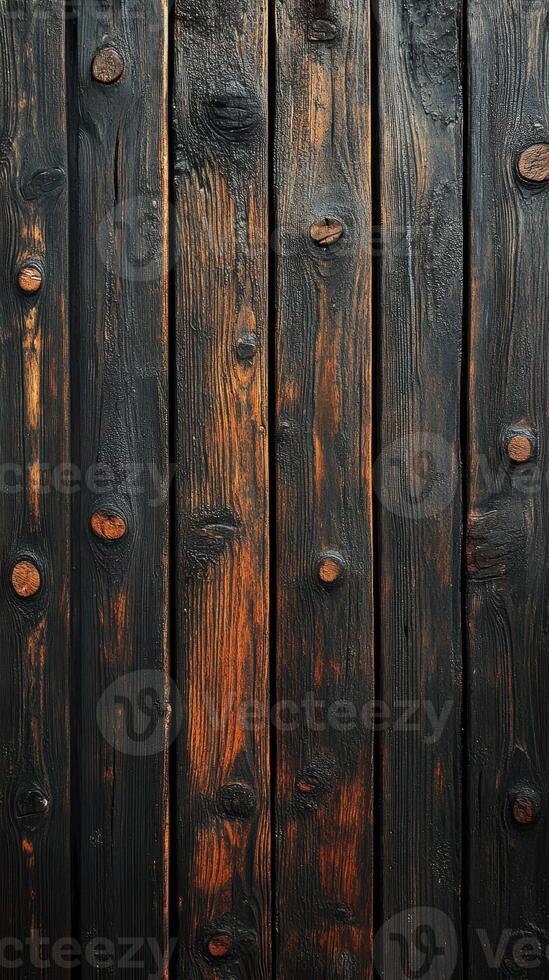 Wooden planks with a dark finish and rustic texture create a warm, inviting atmosphere for any space photo