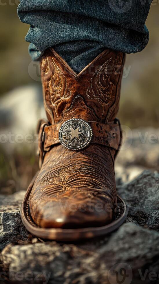Leather cowboy boot resting on a rocky landscape showcasing intricate designs and a silver buckle under natural sunlight photo