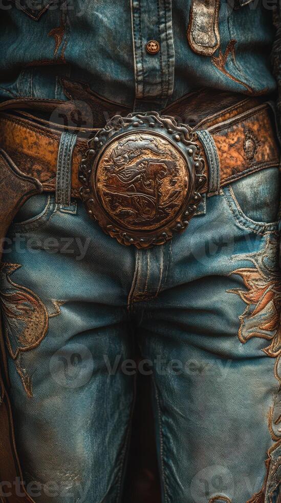 Detailed view of traditional cowboy attire featuring ornate belt buckle and denim in a rustic setting photo