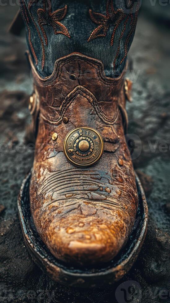 Detailed close-up of a worn cowboy boot in a rustic setting showcasing the texture and craftsmanship photo