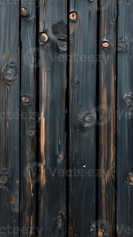 Textured wooden planks with a charcoal finish create a striking surface pattern and aged appearance in a contemporary setting photo