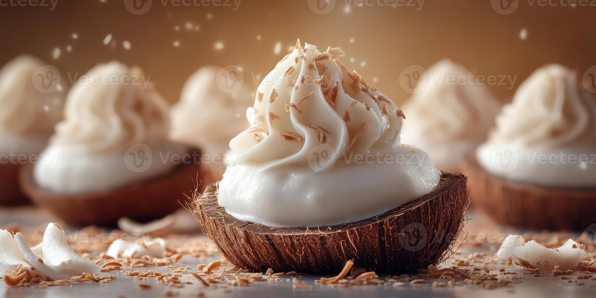 Coconut desserts with creamy frosting displayed on a rustic wooden table during a cozy afternoon gathering photo