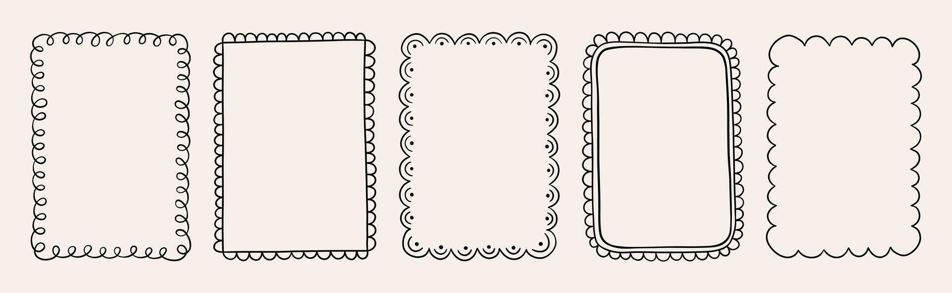 Set of cute hand drawn doodle rectangle frames. Simple wavy lines with curls. Perfect for designing cards, invitations, and creative projects vector