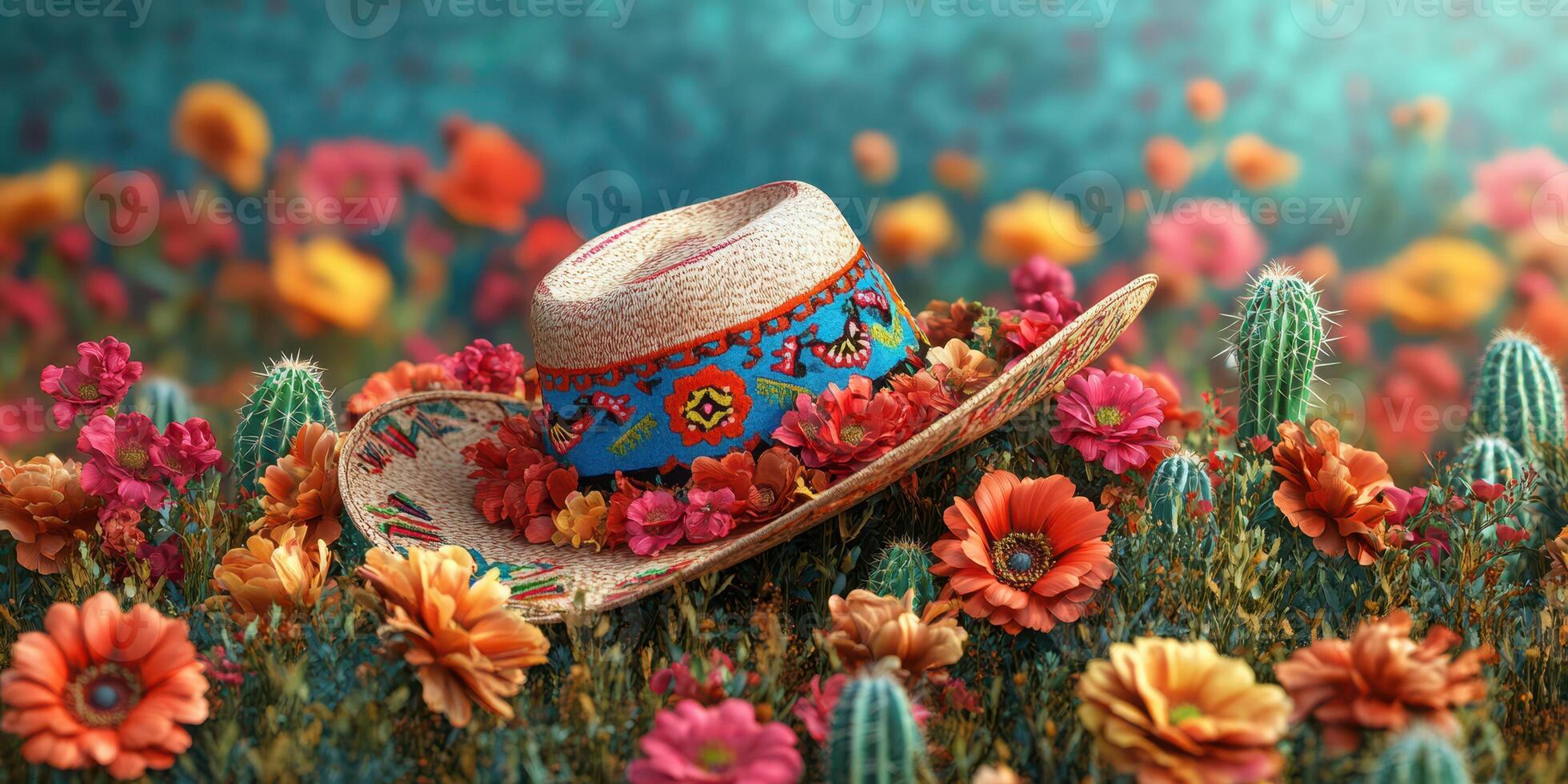 Colorful sombrero placed among vibrant flowers in a sunny desert landscape during springtime photo