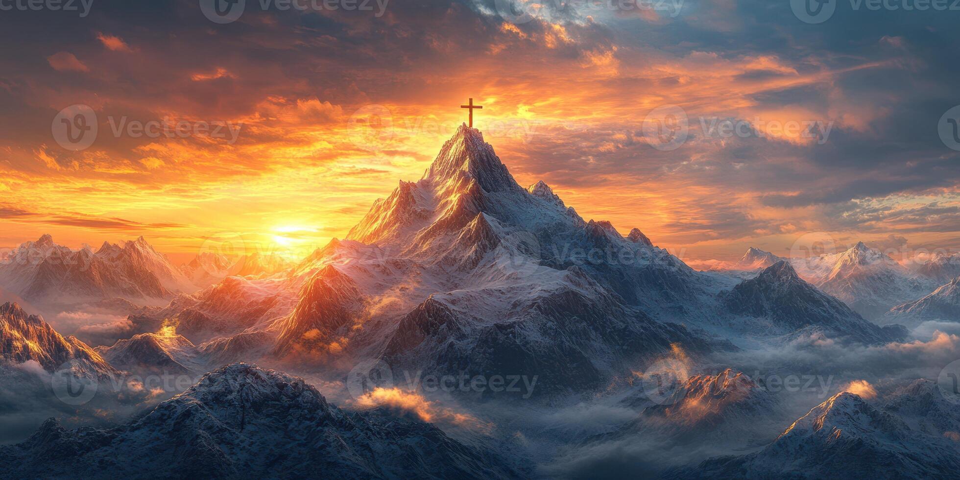 Majestic mountain landscape with a cross at sunset illuminating the sky and surrounding peaks photo
