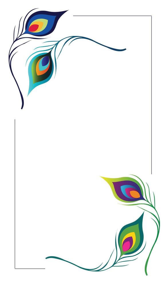 Elegant Peacock Feather Frame Design. Artistic frame featuring vibrant and stylized peacock feathers in shades of blue, green, and gold. Can be used for invitations, greeting cards, or decorative text vector