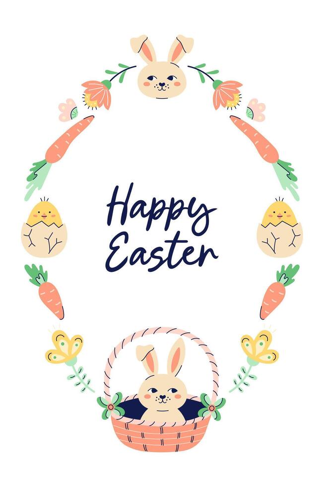 Happy Easter oval Frame With Bunnies, chickens and eggs. Happy Easter hand drawn card. Flat illustration with partial outline. Isolated illustration. vector