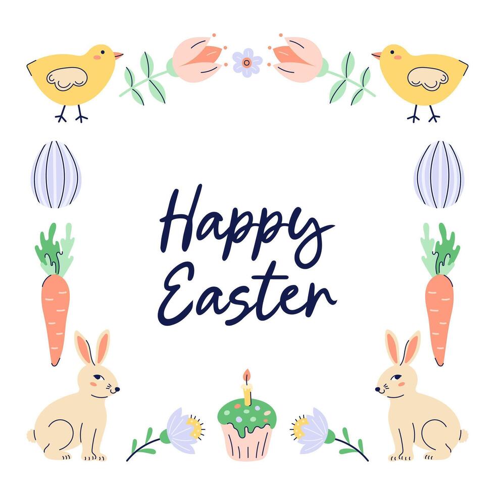Happy Easter square Frame With Bunnies, chickens and eggs. Happy Easter hand drawn card. Flat illustration with partial outline. Isolated illustration. vector