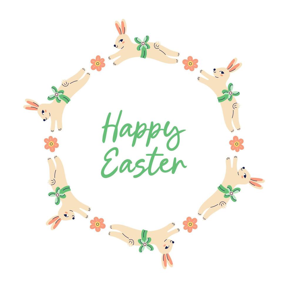 Happy Easter Round Frame With Bunnies. Happy Easter hand drawn card. Flat illustration with partial outline. Isolated illustration. vector