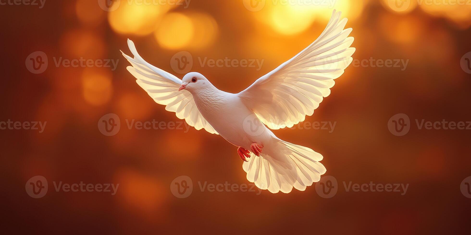 White dove in flight against a warm sunset backdrop illuminating its feathers photo