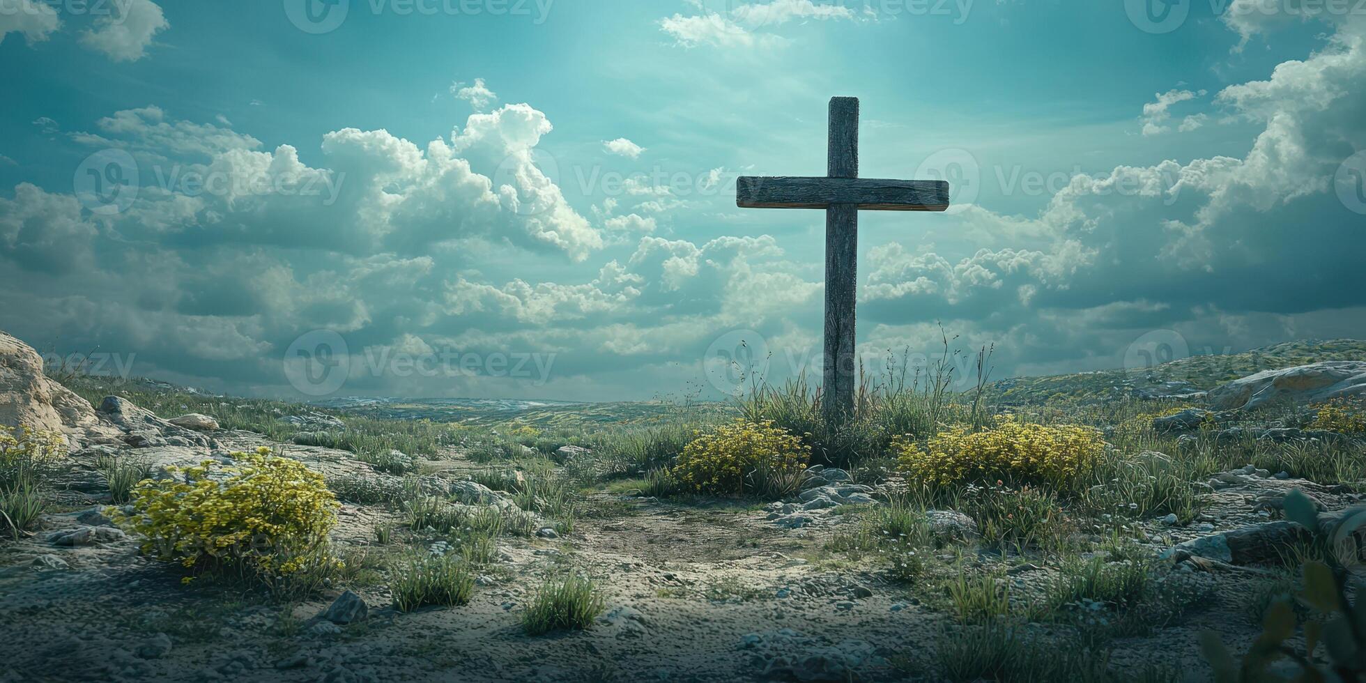 Cross stands resilient in a serene landscape under a dramatic sky during the day photo