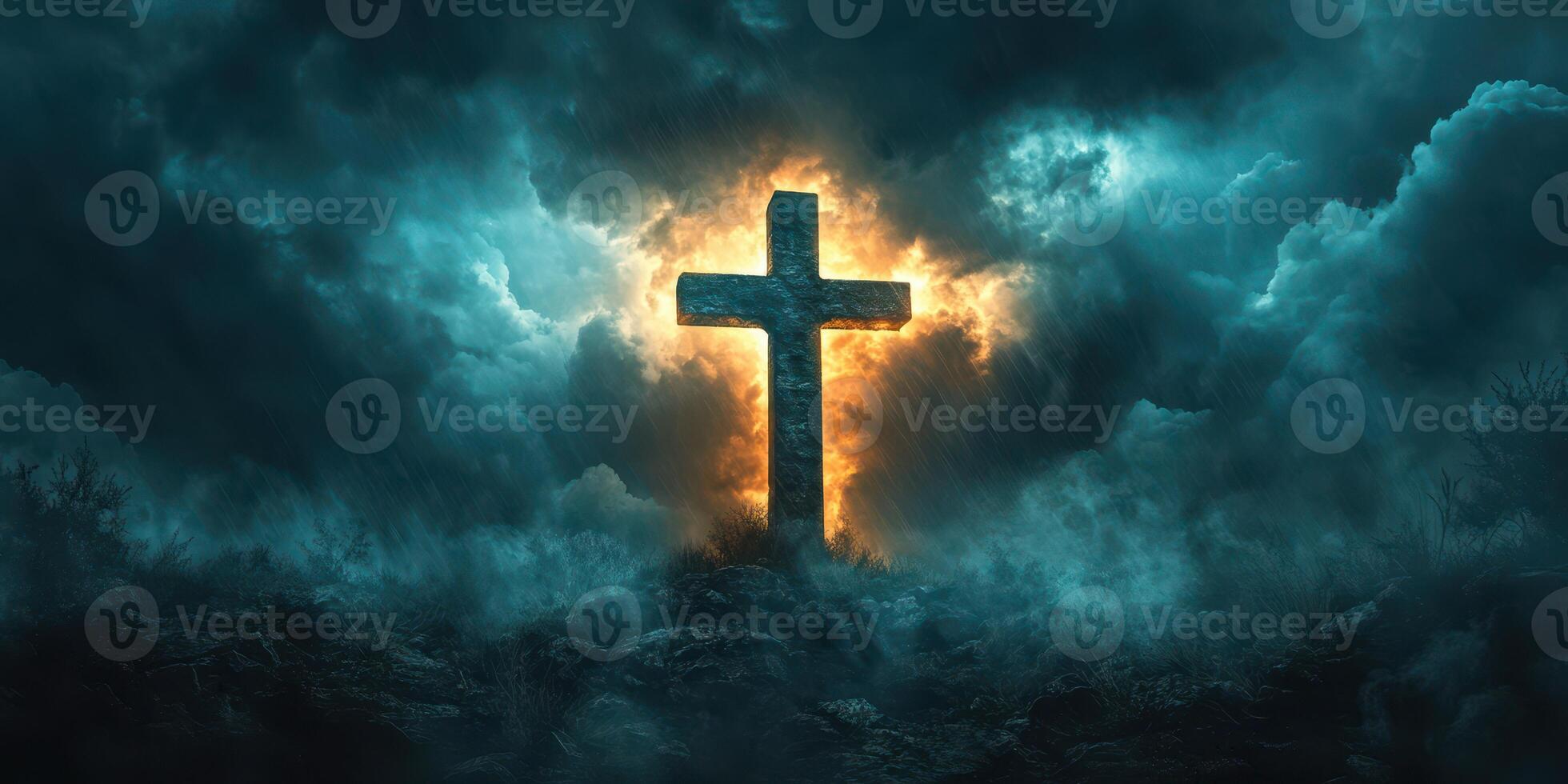 Dramatic silhouette of a cross surrounded by dark clouds and glowing light at twilight photo