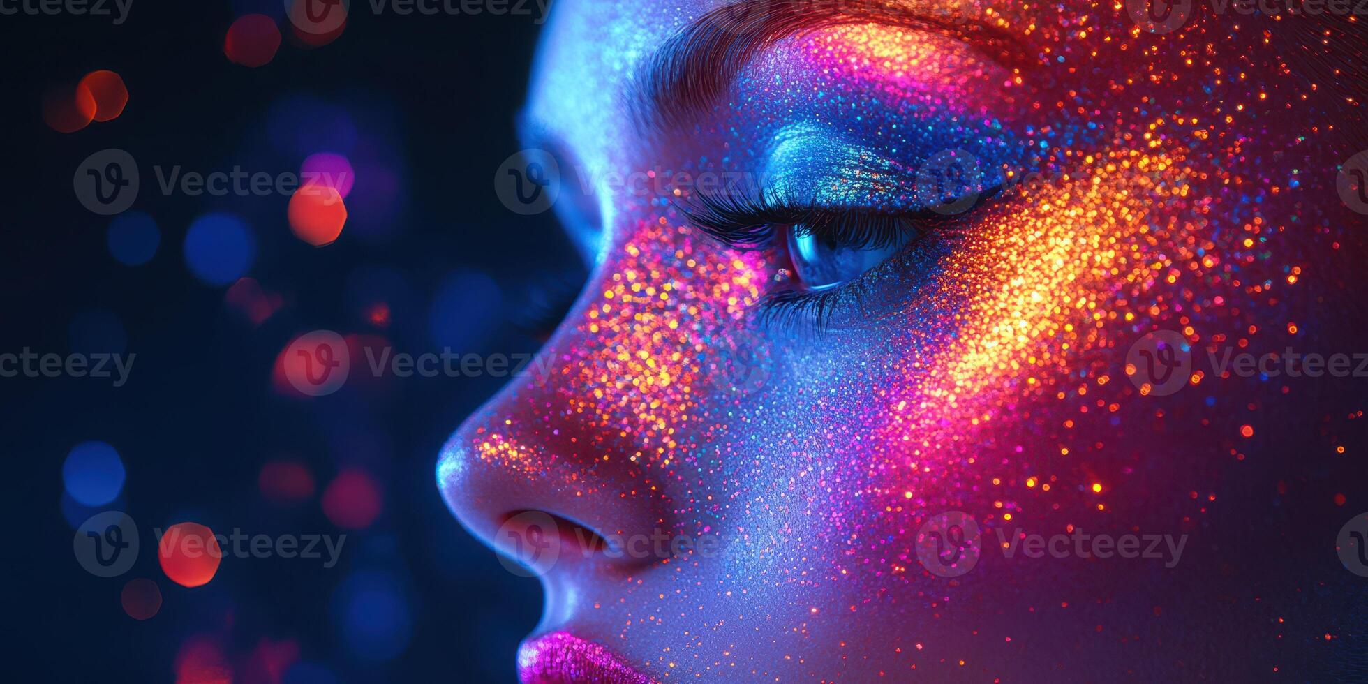 Beauty and color blend in vibrant face art at a nighttime event showcasing creativity and self-expression photo