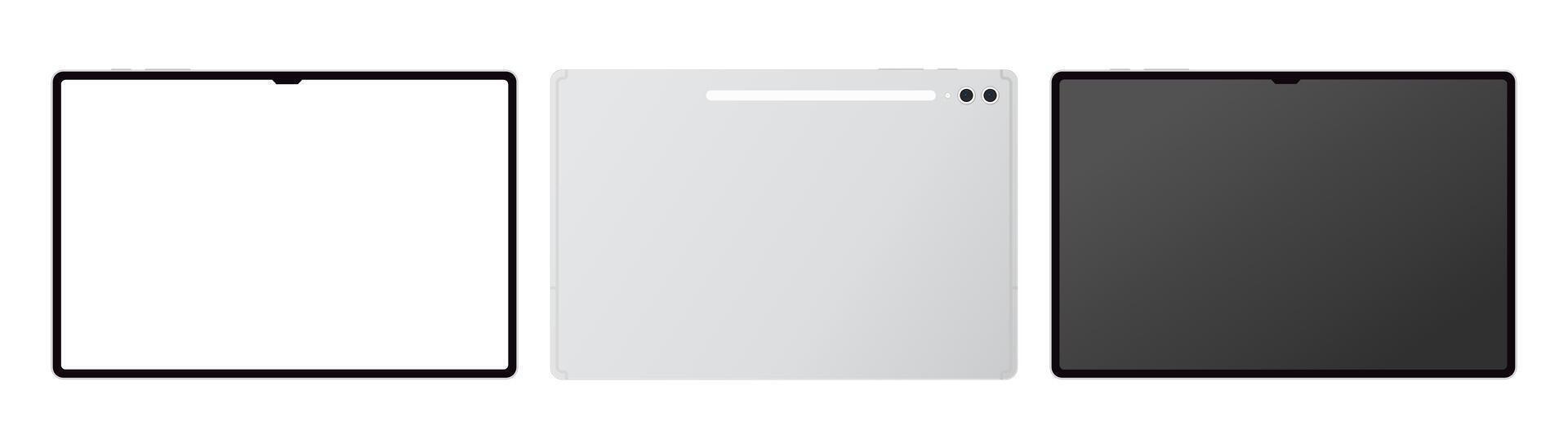 Tablet PC front and back transparent mockup template. Modern portable tab blank white display illustration vector
