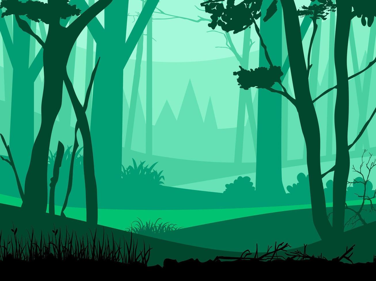 Silhouettes of a trees forest and mountain. natural isolated on green background. vector