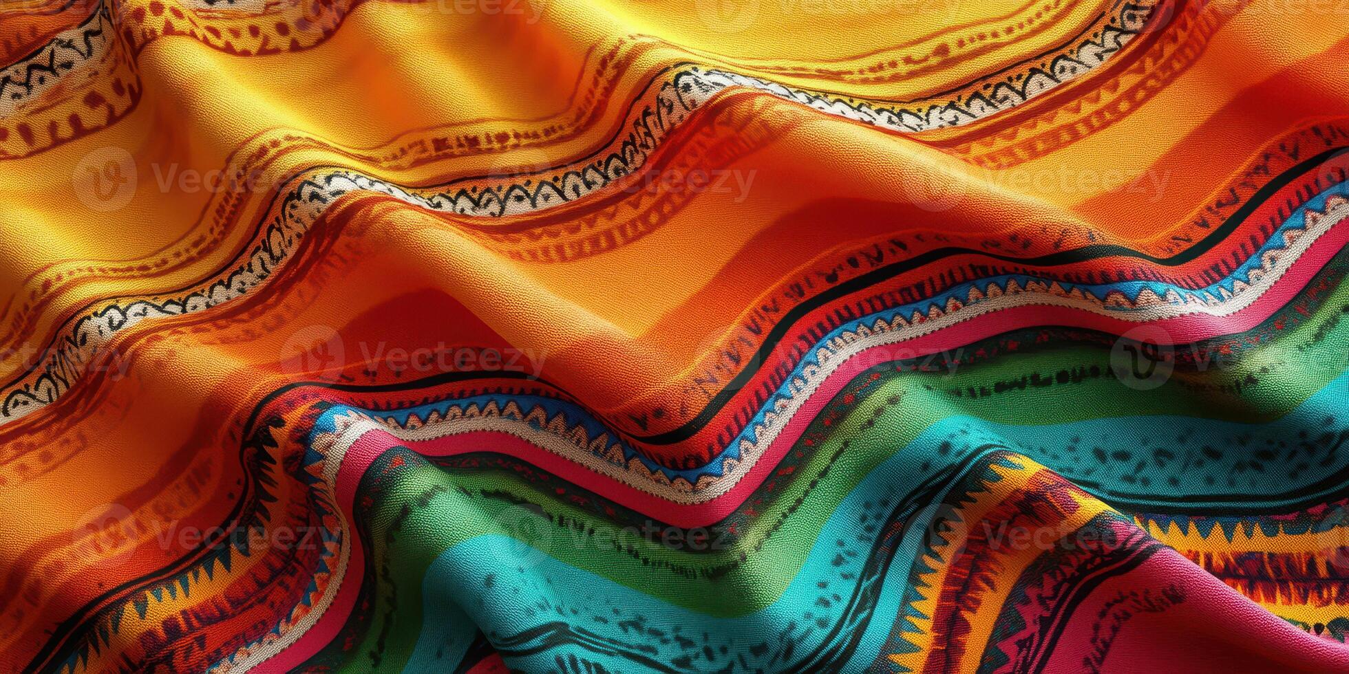 Vibrant textile patterns showcase rich colors and intricate designs in a textile studio during daylight hours photo