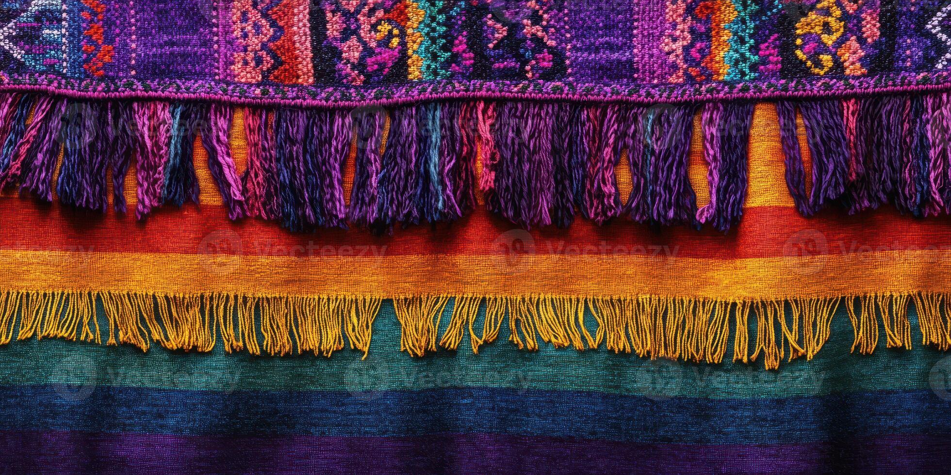 Vibrant woven textiles showcasing colorful patterns and fringes from a market in South America during the afternoon photo