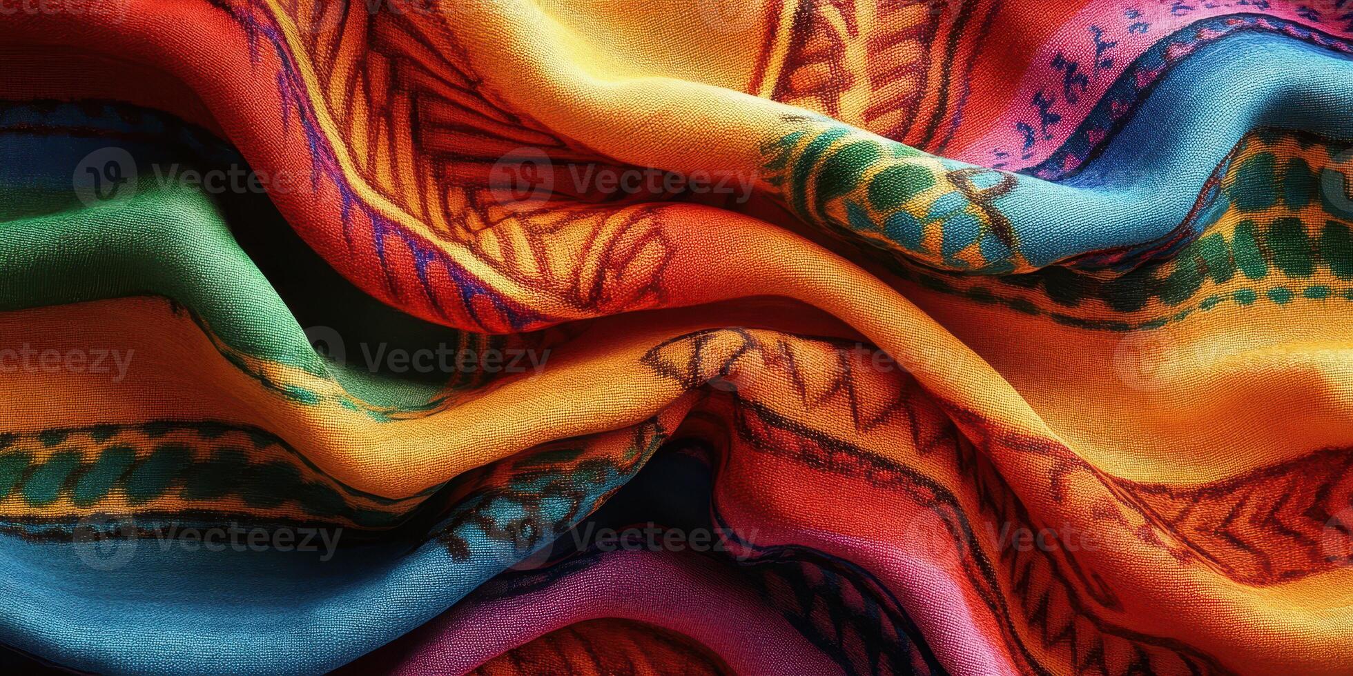 Colorful fabric showcasing intricate patterns and vibrant hues in a textile shop photo