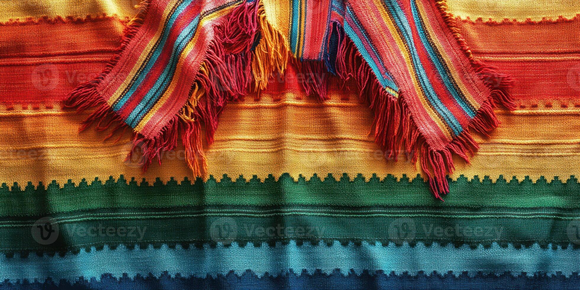 Colorful woven blanket with vibrant stripes displayed on a wooden surface in bright lighting photo