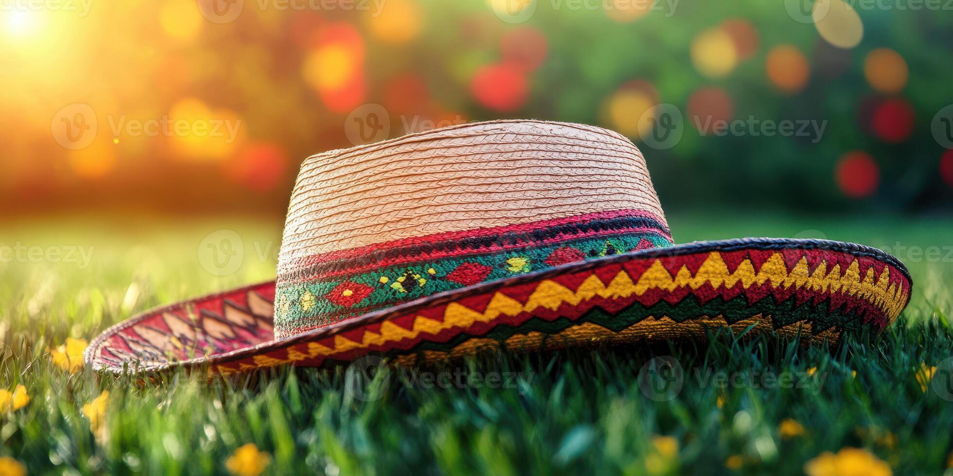 Colorful sombrero resting on vibrant grass during a warm sunset in a lively outdoor setting photo